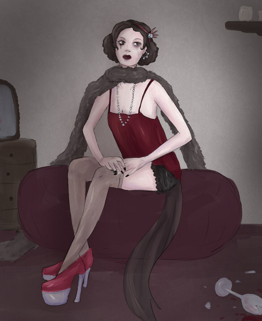 Federboa tragende Diva mit verschmiertem Makeup sitzt in Garderobe