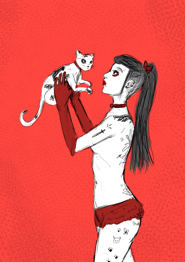 Frau mit Tattoos hebt Katze hoch