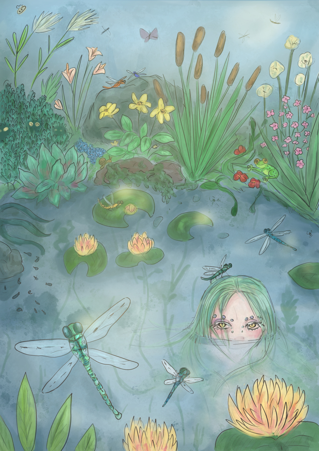 Nymphe taucht in Teich voller Pflanzen und Tiere