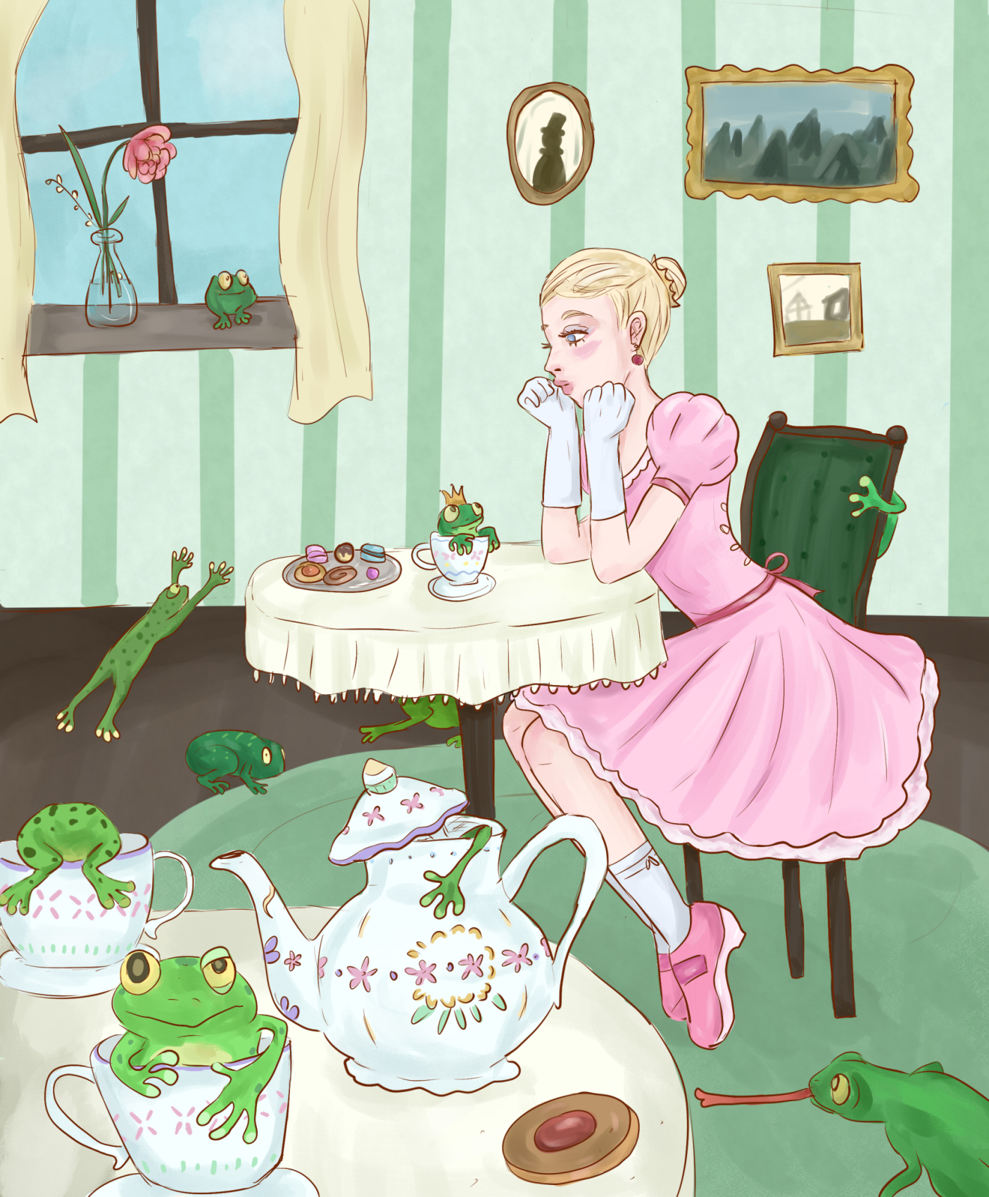 Prinzessin umgeben von Teetassen und Froeschen