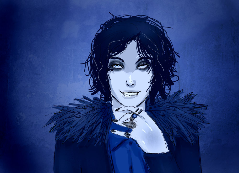 Portrait mit finsterem Grinsen in blautoenen