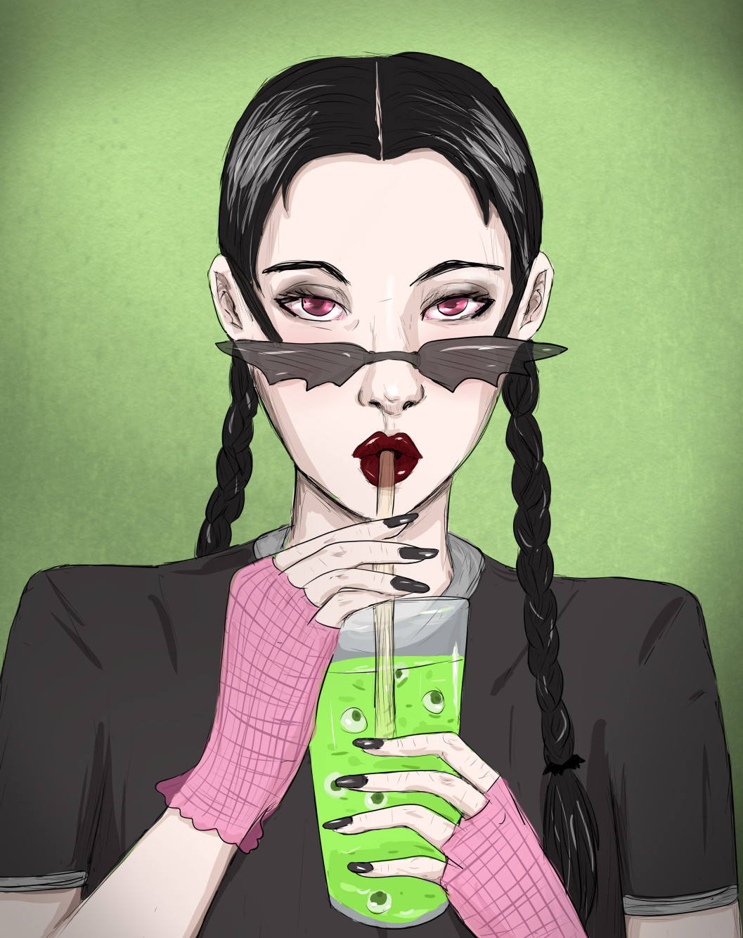 Goth Girl trinkt giftgruenen Drink mit Strohalm