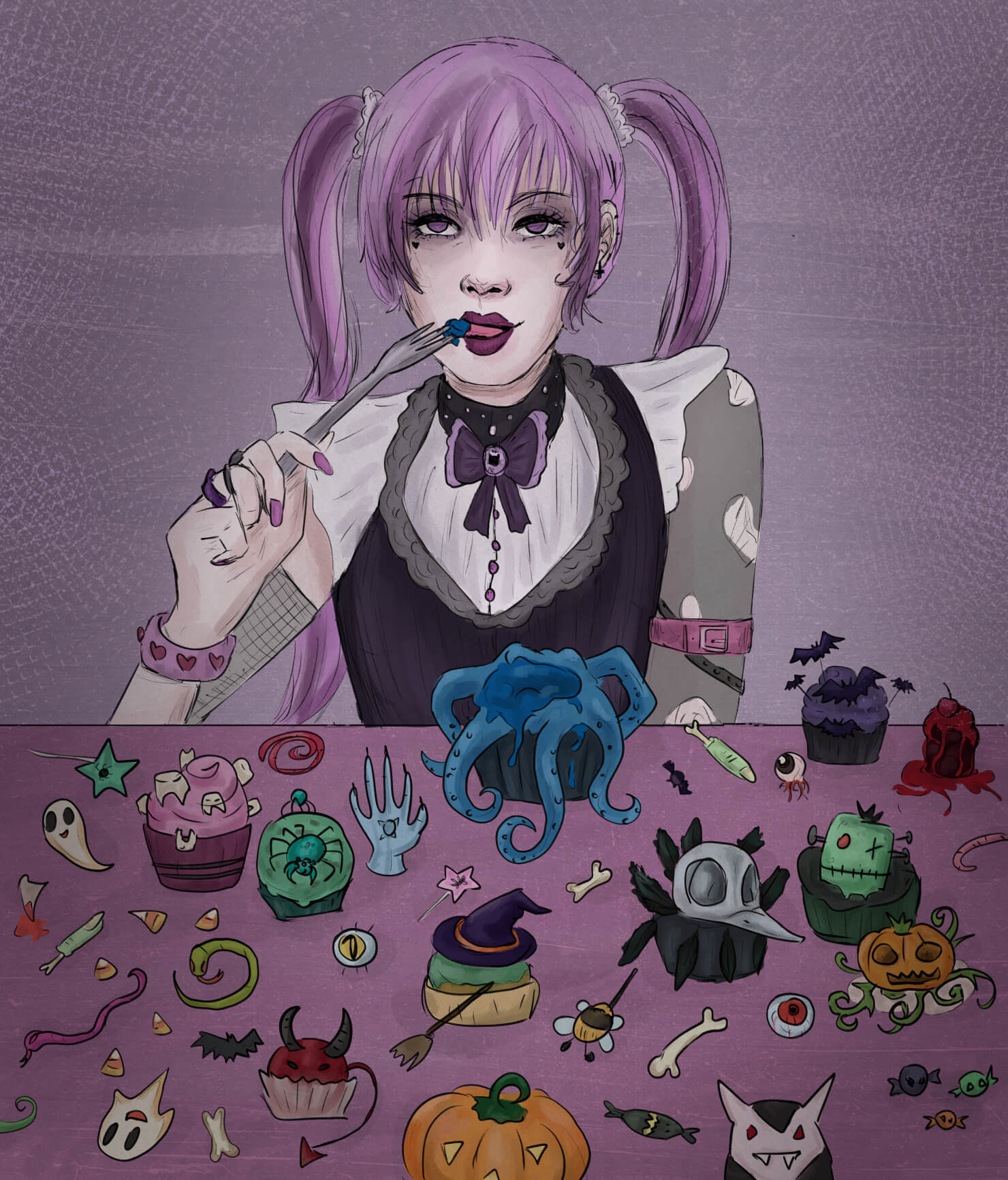 Goth Girl an Tisch voller Halloween Cupcakes und Candy