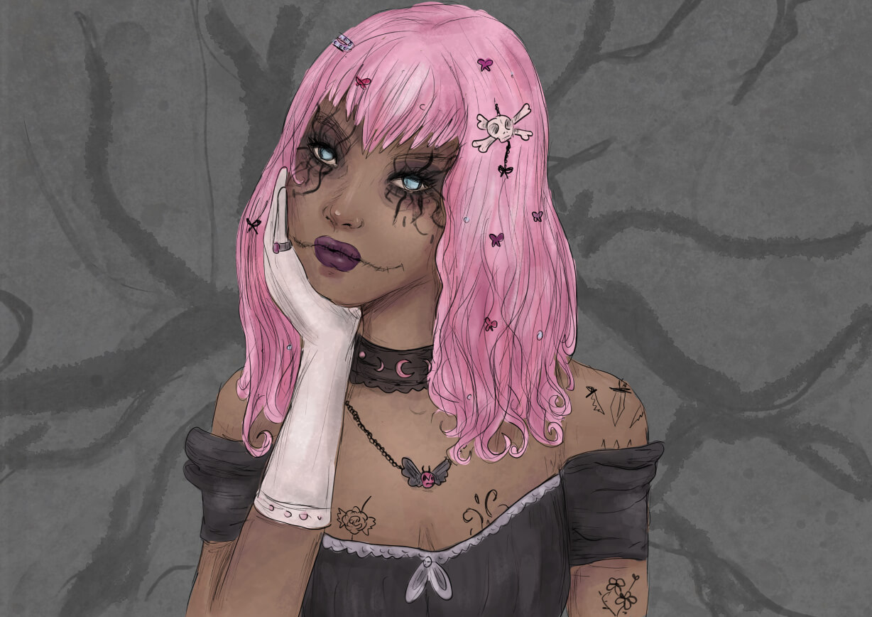 Goth Girl mit pinken Haaren und dunklen Rissen im Gesicht